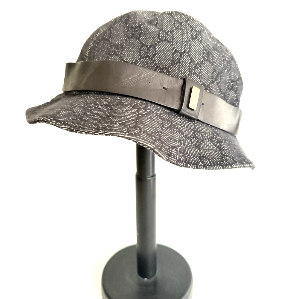Gucci GG Monogram Black Canvas Bucket Hat Leather Buckle Band Italy Size XL